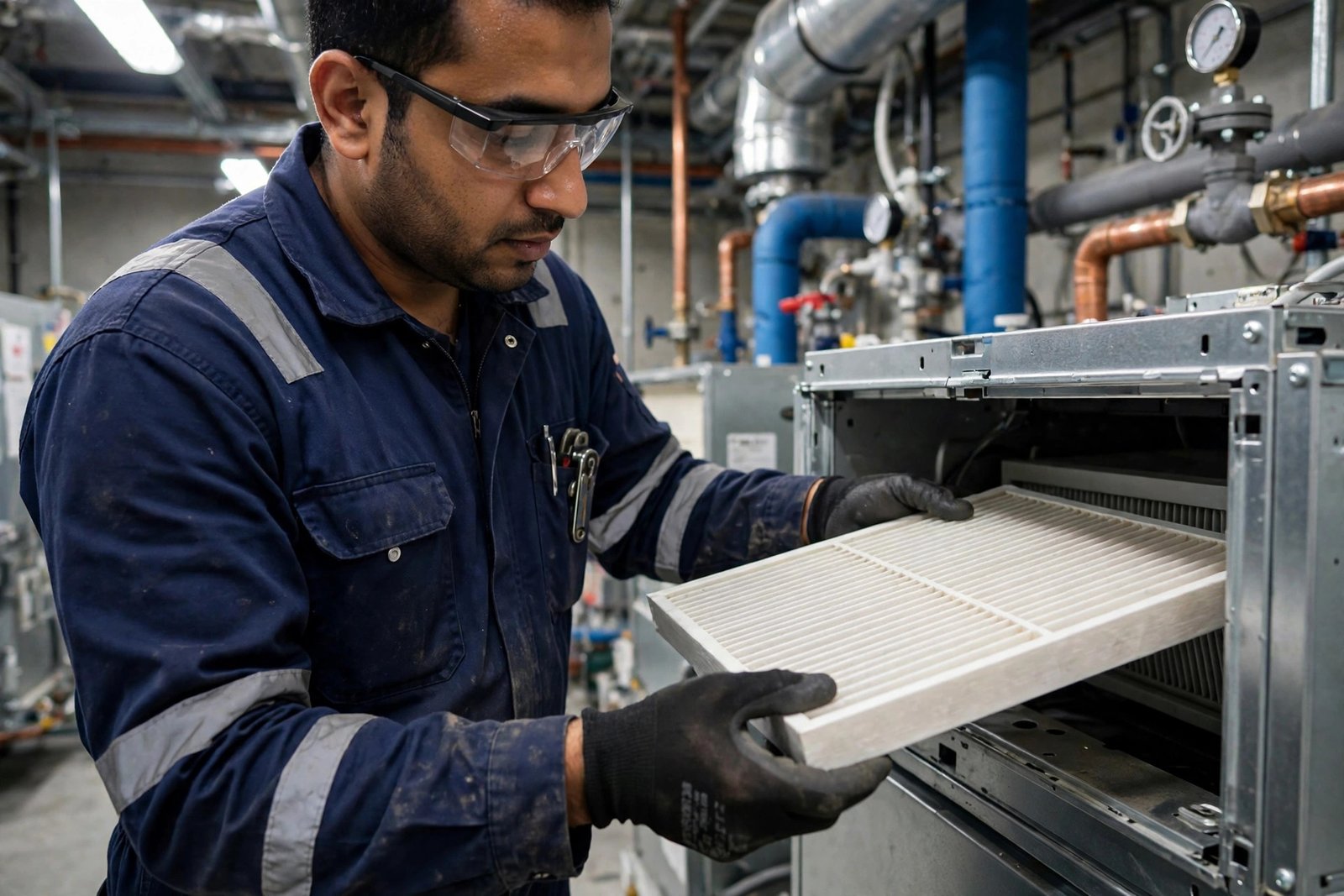 HVAC technician replacing air filters as part of an AHU maintenance checklist in Saudi Arabia