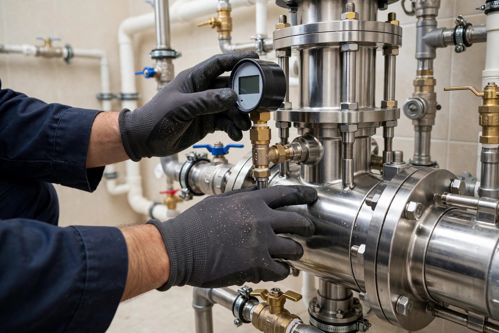 Technician inspecting a best water pump villa Riyadh multistage pressure booster system