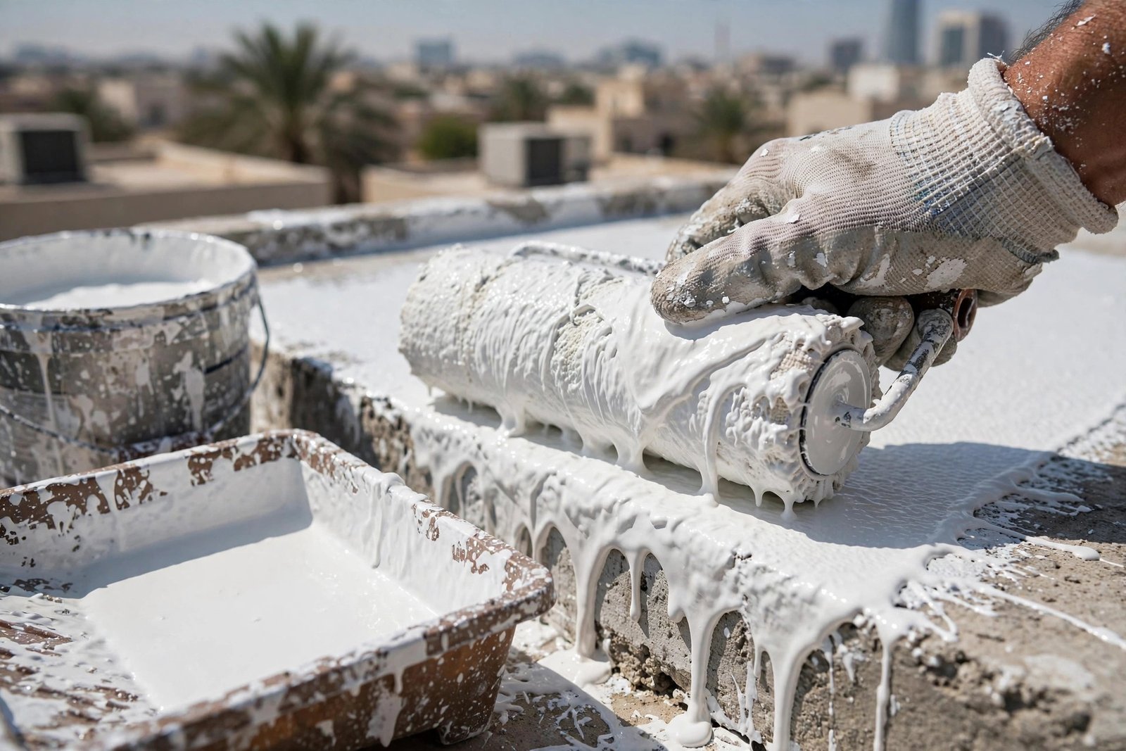 Close-up of white heat reflective roof paint being rolled onto a Riyadh villa roof surface