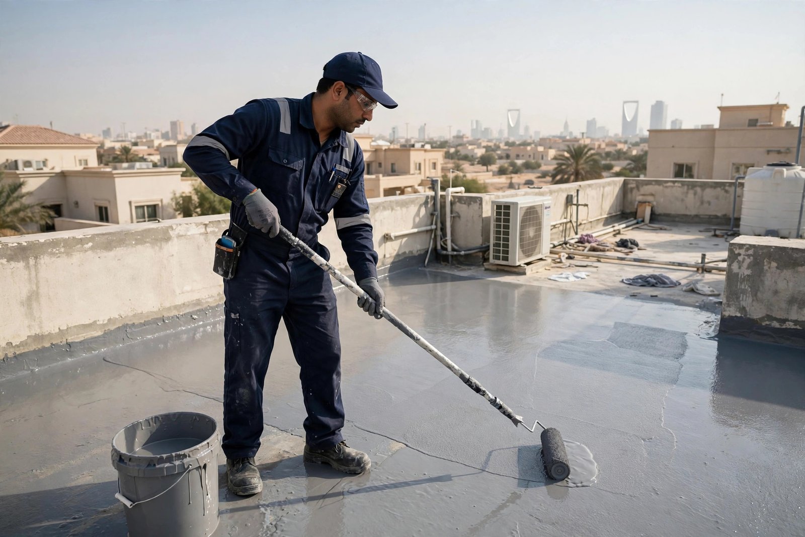 Liquid waterproofing coating being roller-applied, bitumen vs liquid waterproofing comparison