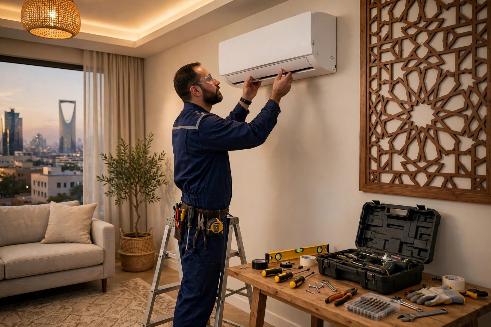 Technician mounting a new split AC indoor unit on a living room wall, new ac prices riyadh brand buying guide