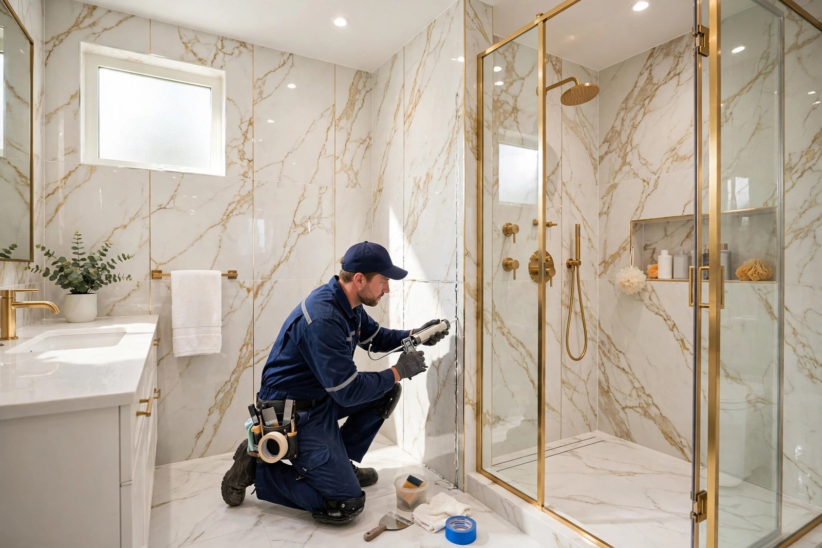 Professional technician sealing shower wall grout lines in a Saudi home bathroom during bathroom grout sealing