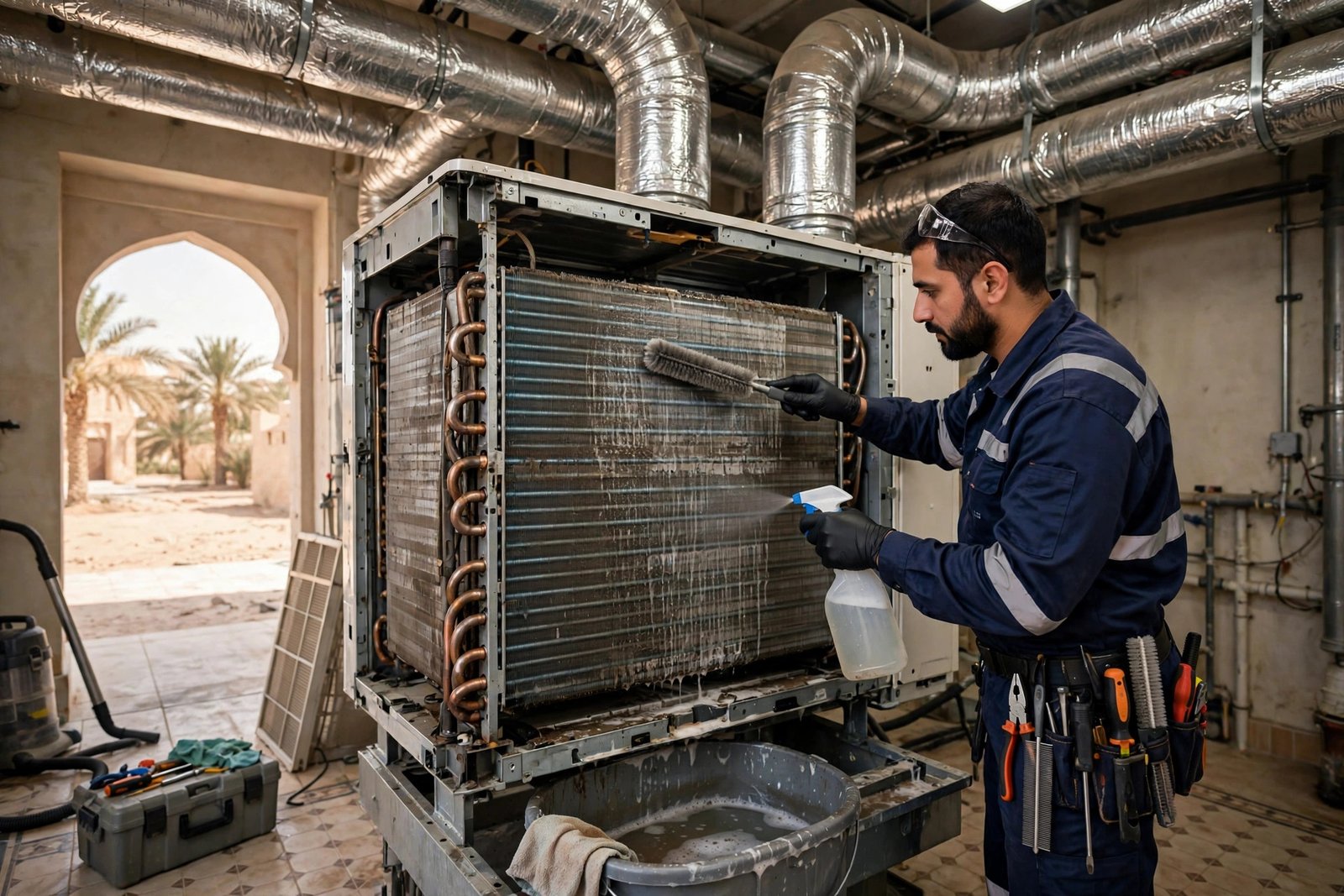 Central AC service cost Riyadh guide: technician cleaning the indoor coils of a ducted system