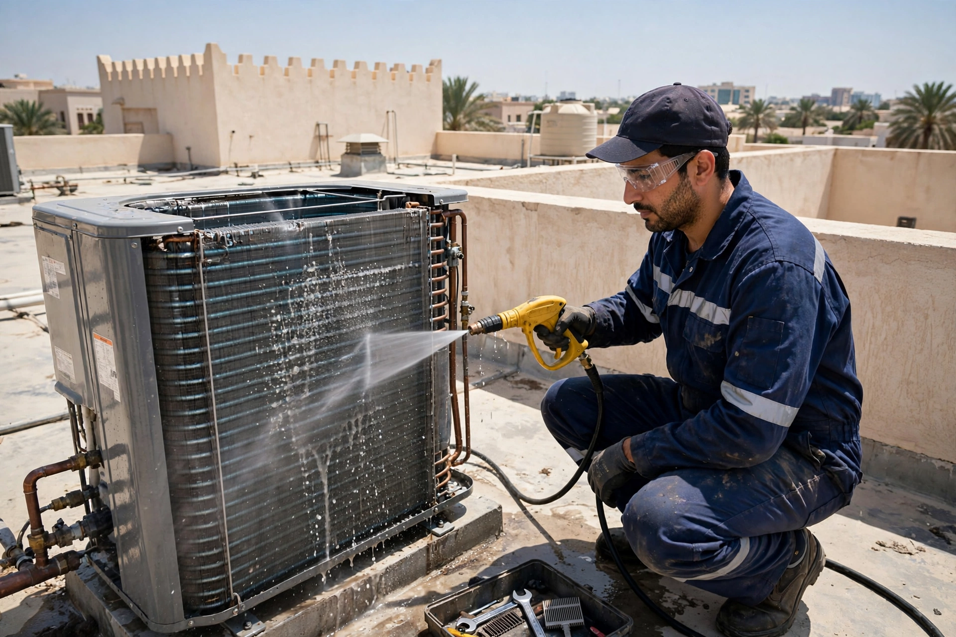 Technician pressure washing coils during a rooftop AC service Riyadh visit on a Saudi villa rooftop