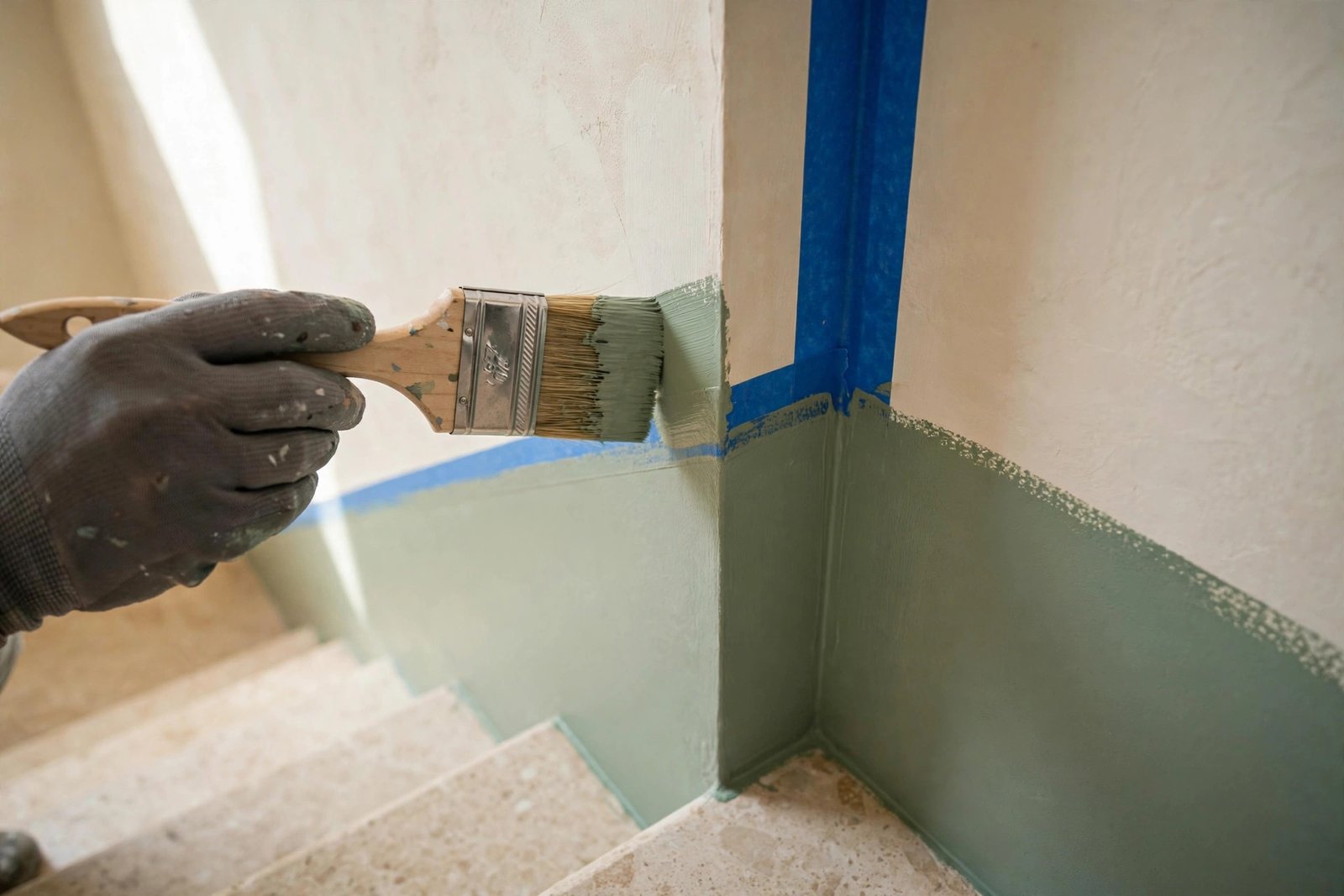 Close-up staircase wall painting tips technique: painter creating a crisp two-tone paint edge along a stairwell corner