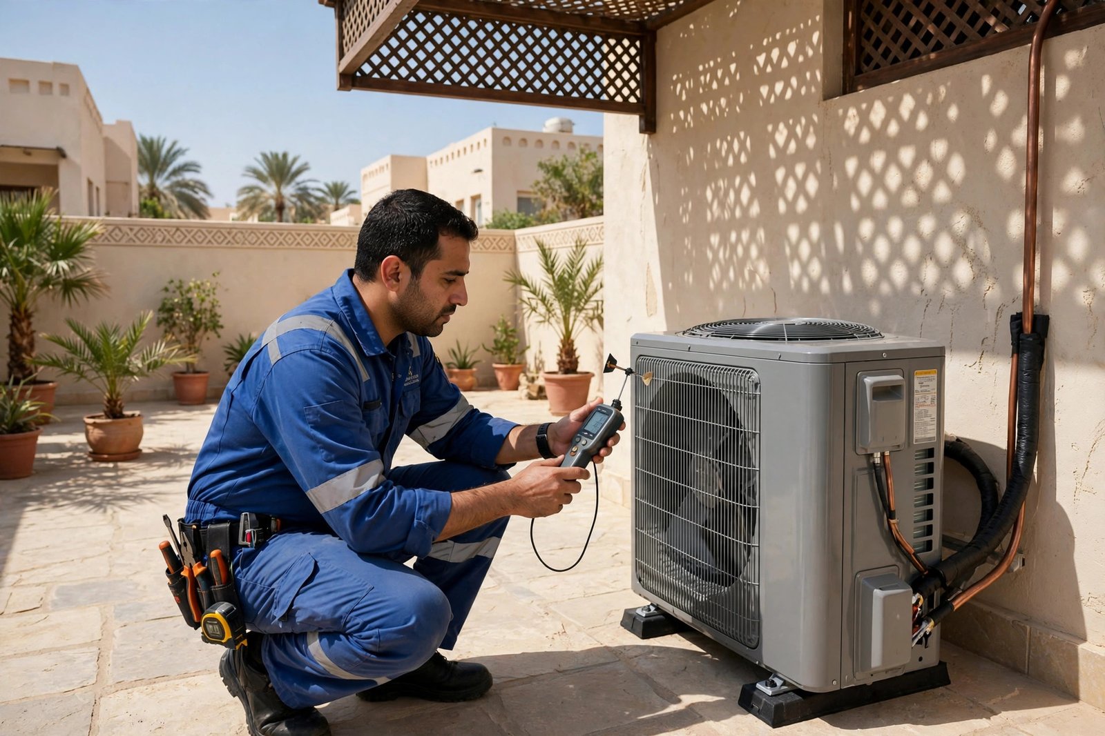 Technician checking clearance for split ac outdoor unit placement in a Riyadh villa courtyard