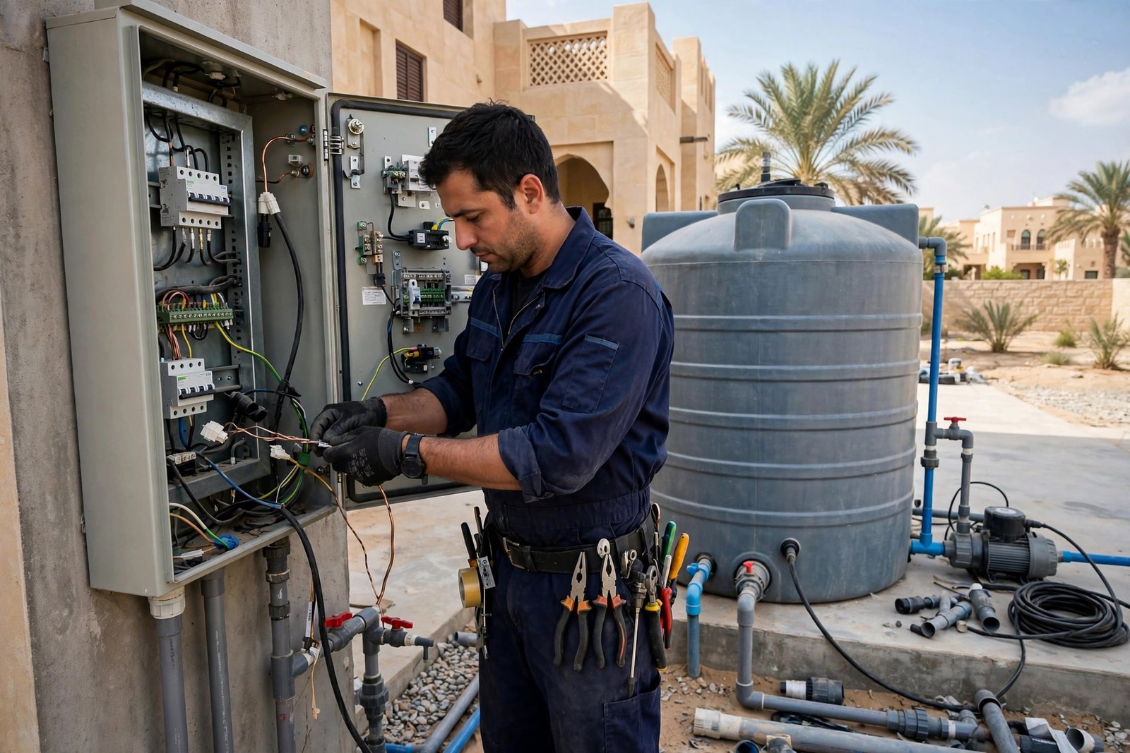 Plumber wiring the control panel during a submersible pump installation in Riyadh