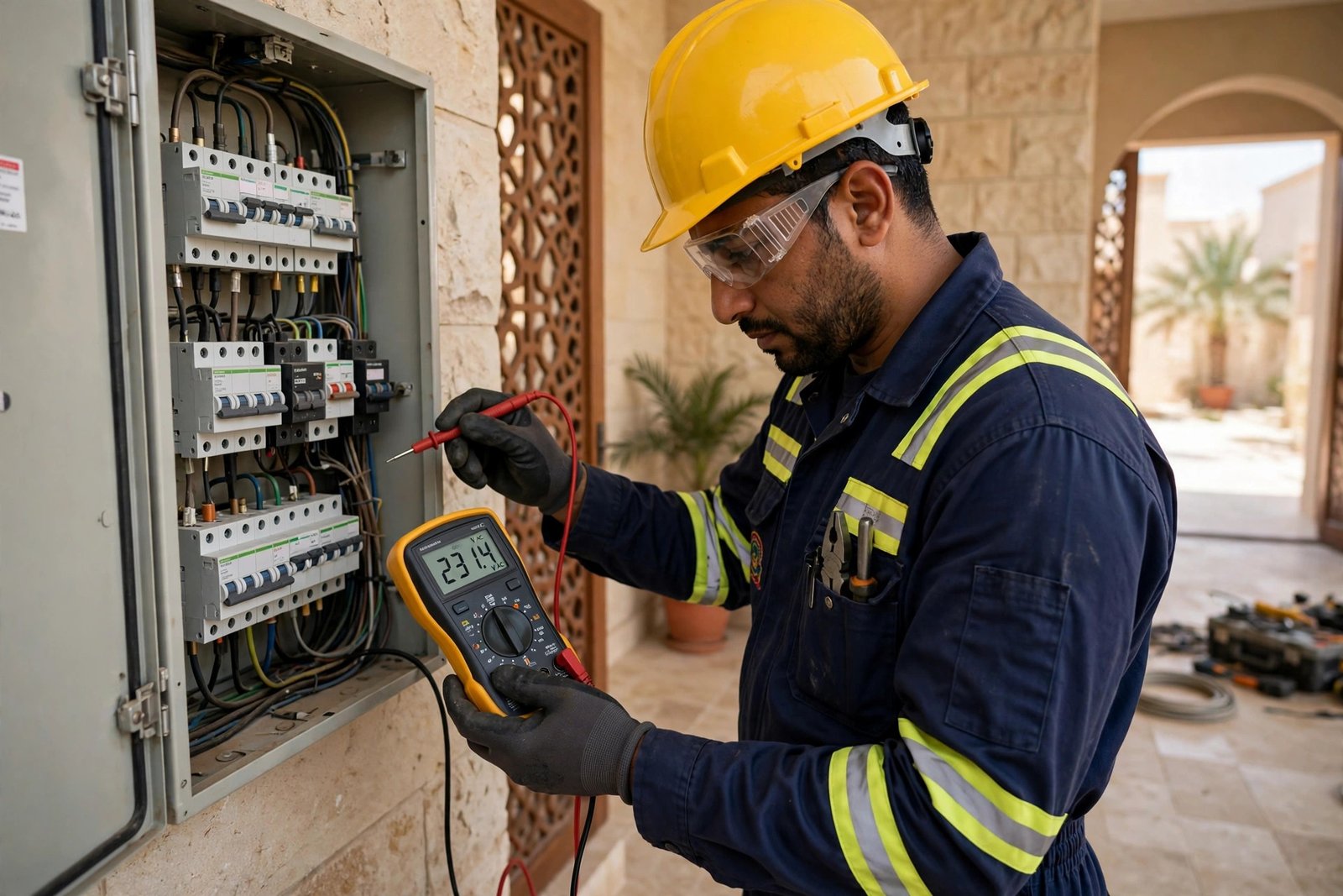 Technician testing voltage levels with a multimeter, one of the essential voltage fluctuation appliance fixes for Riyadh homes
