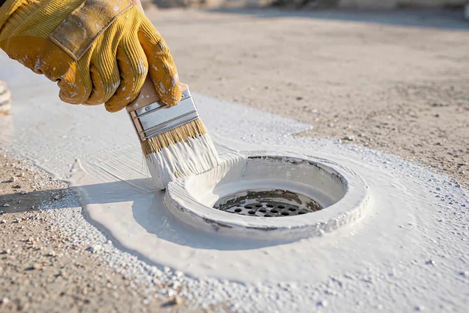 Close-up of polyurethane waterproofing benefits: seamless liquid membrane brushed around a roof drain on a concrete rooftop