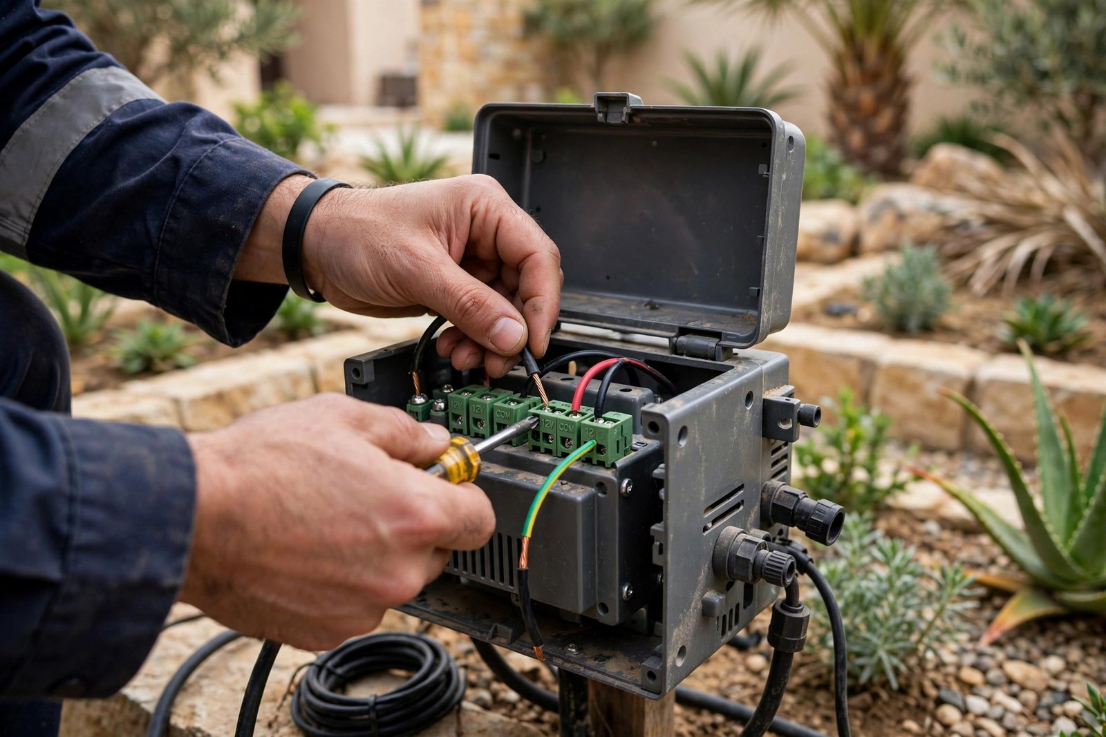Close-up of landscape lighting transformer sizing wiring terminals during installation