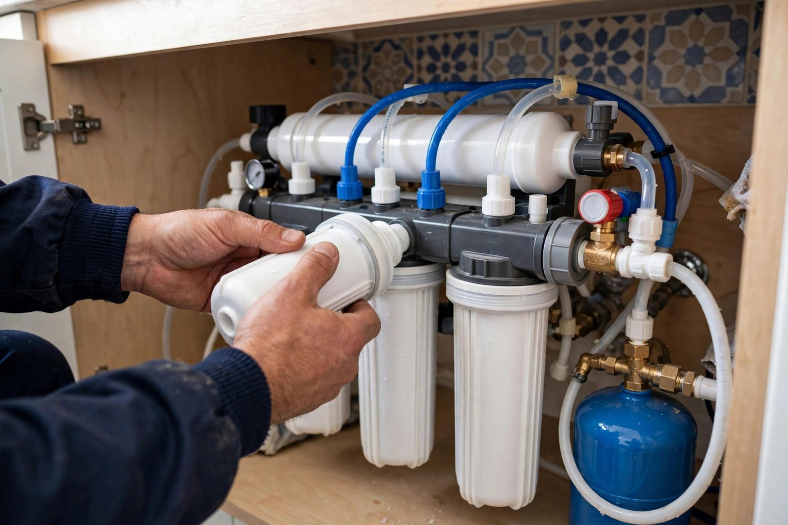 Reverse osmosis under sink water filter Riyadh installation close-up by plumber