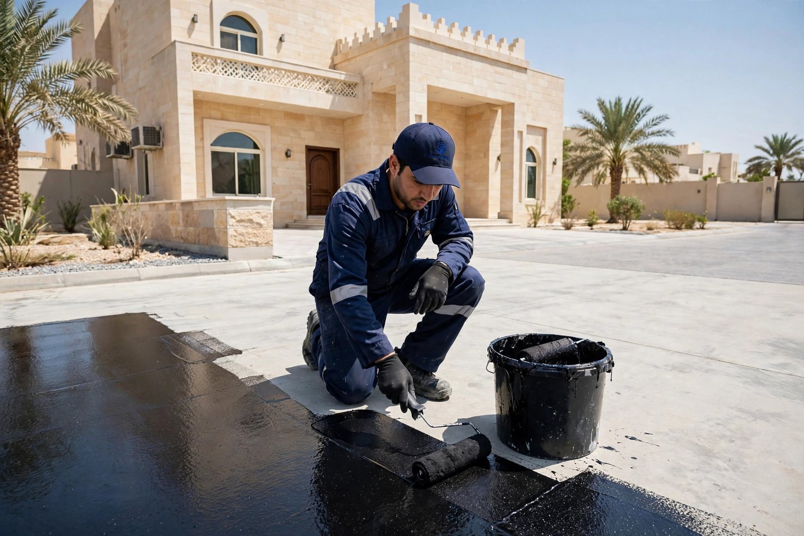Technician applying waterproof coating to a concrete driveway, driveway waterproofing in Riyadh