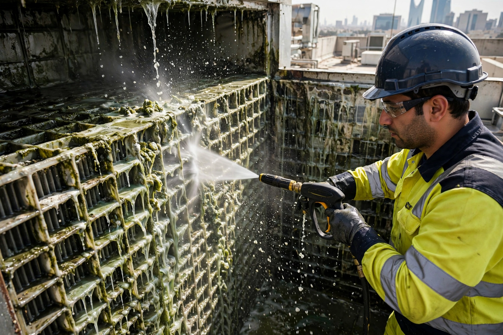 Technician pressure washing algae and slime from cooling tower fill media, one of the key cooling tower cleaning signs