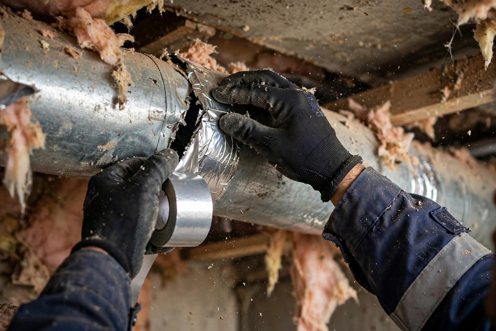 Technician applying foil tape to seal a duct leak, one of the key duct leakage signs fixes