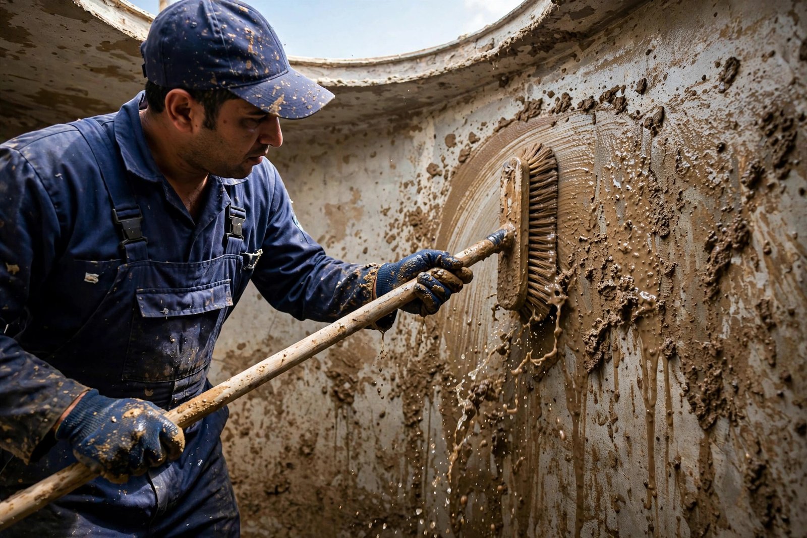 Cleaner scrubbing interior walls during the overhead tank cleaning steps