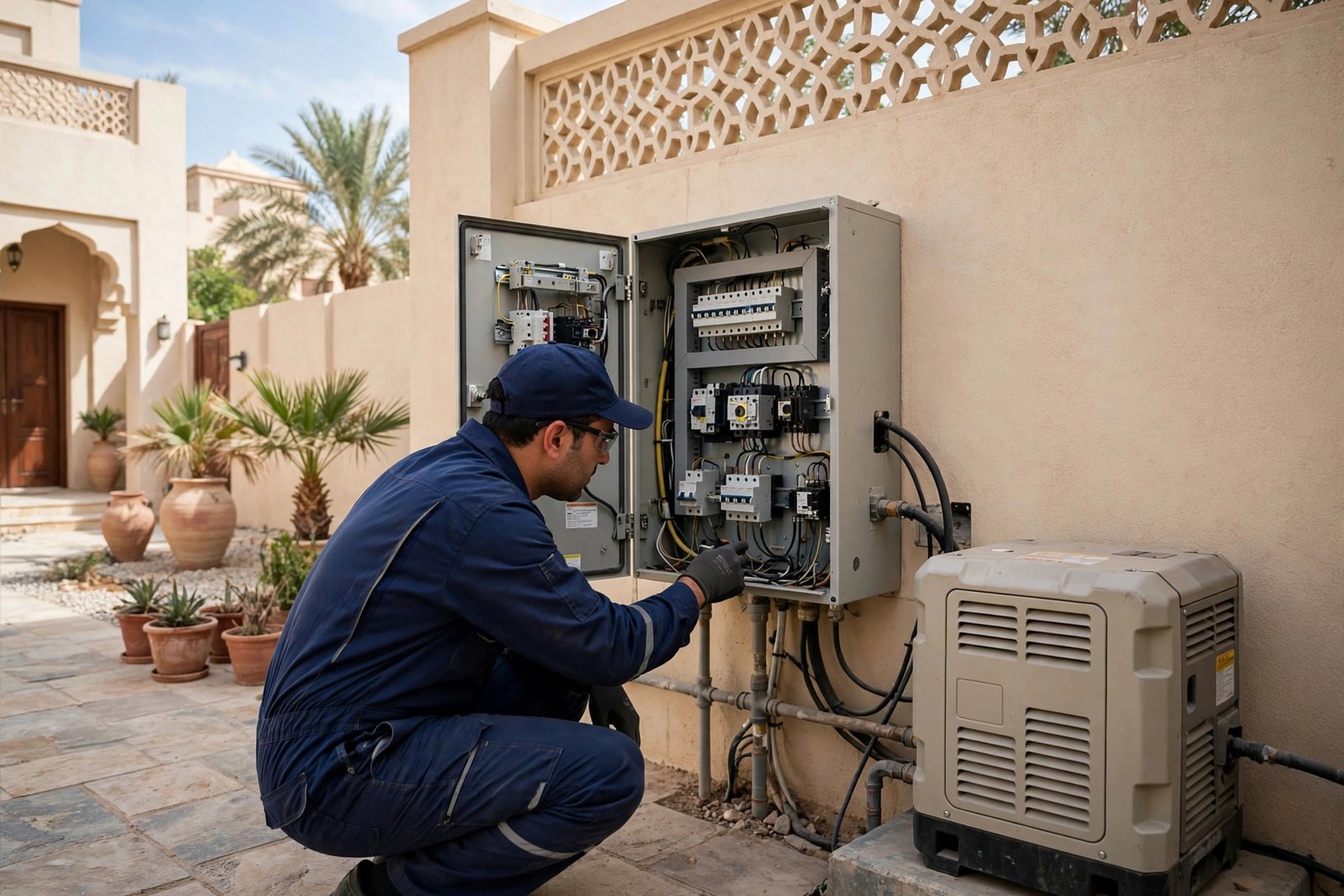 Electrician inspecting an ATS control panel during a villa generator installation in Riyadh