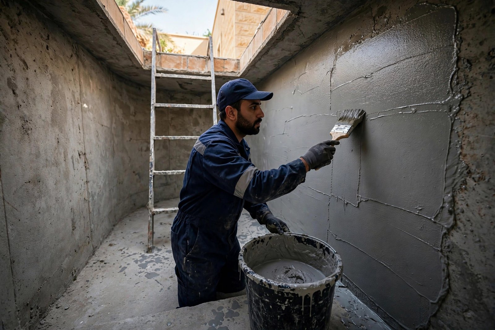 Cementitious waterproofing uses in water tanks: technician coating the interior walls