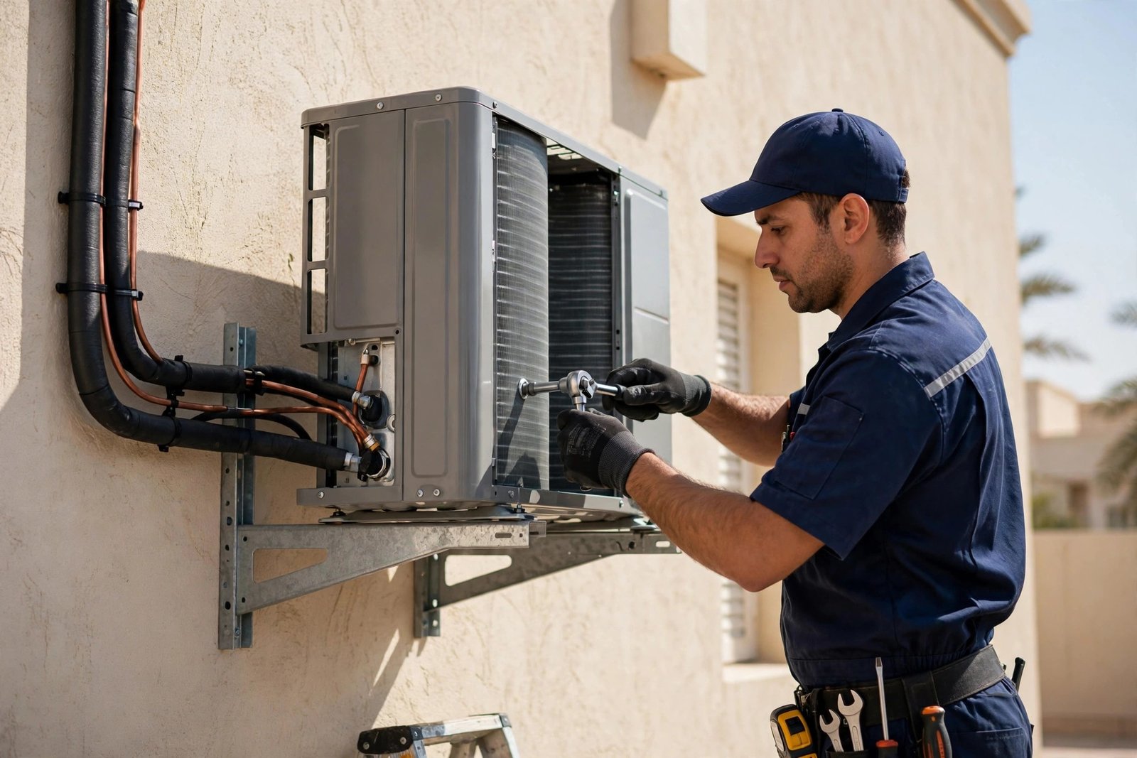 Certified technician mounting a split AC outdoor unit on wall brackets with proper clearance to avoid split ac installation mistakes in Riyadh