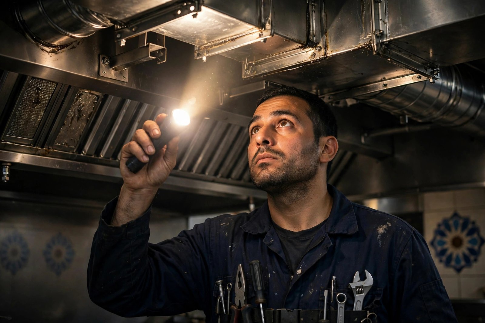 Technician inspecting grease ducts above a commercial kitchen ventilation standards exhaust hood with flashlight