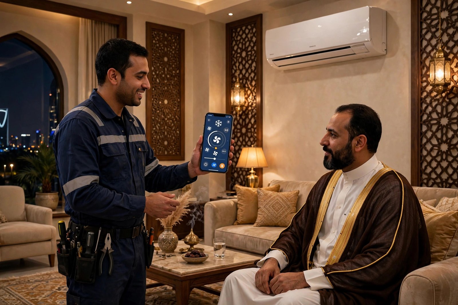SheelTalab technician demonstrating smart AC controller app to homeowner in Riyadh villa living room