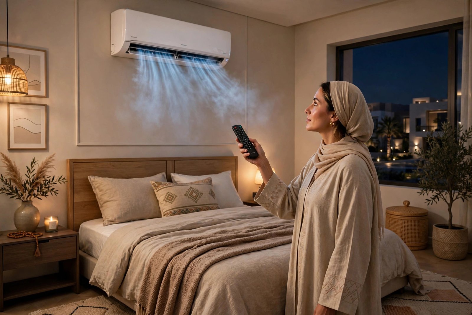 Split AC remote modes explained: woman adjusting split AC settings with a remote control in a Riyadh villa bedroom