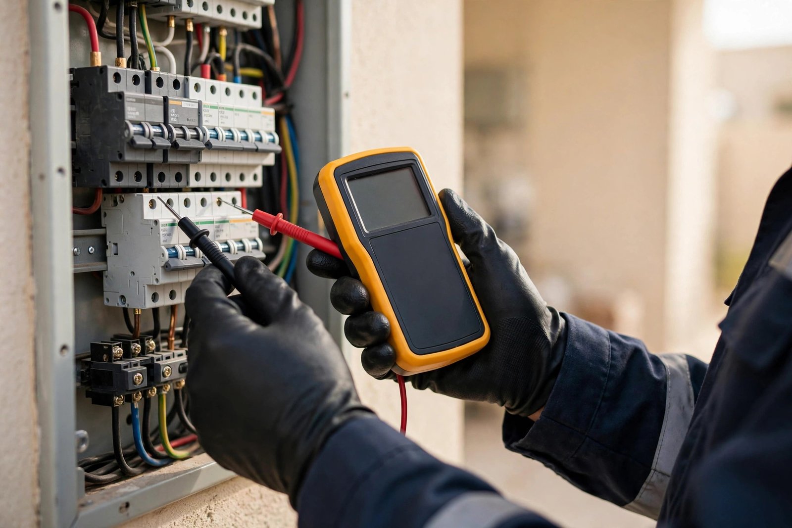 Electrician testing a home breaker panel with a multimeter to find AC tripping breaker causes