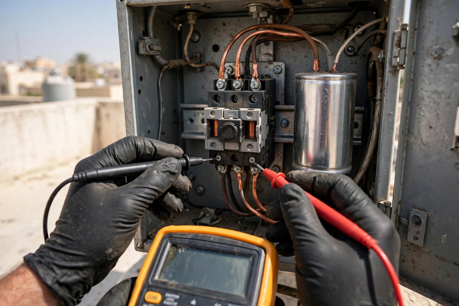 Close-up of AC contactor problem symptoms: gloved hands testing a contactor with a multimeter