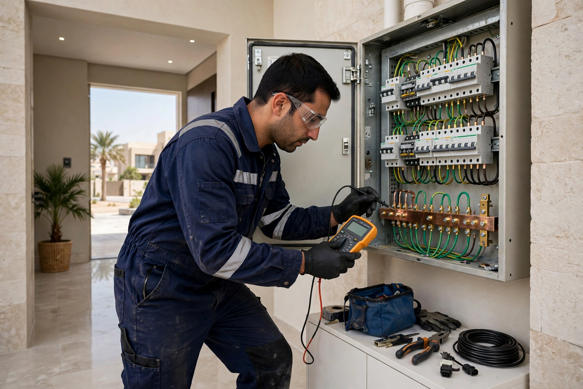 Home earthing problem tests: electrician checking earthing continuity at a villa distribution board in Riyadh