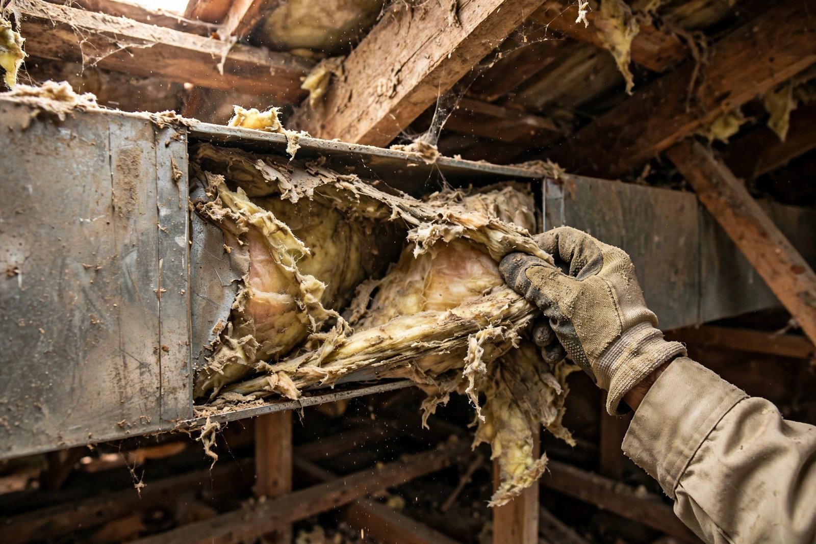 Close view of torn compressed duct insulation needing replacement on HVAC ducts