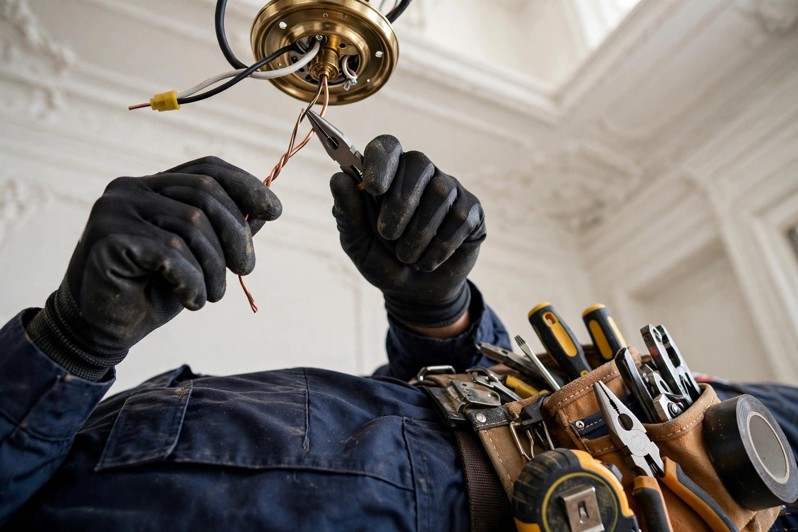 Electrician connecting chandelier wiring safely on a villa ceiling, part of chandelier installation cost Riyadh service