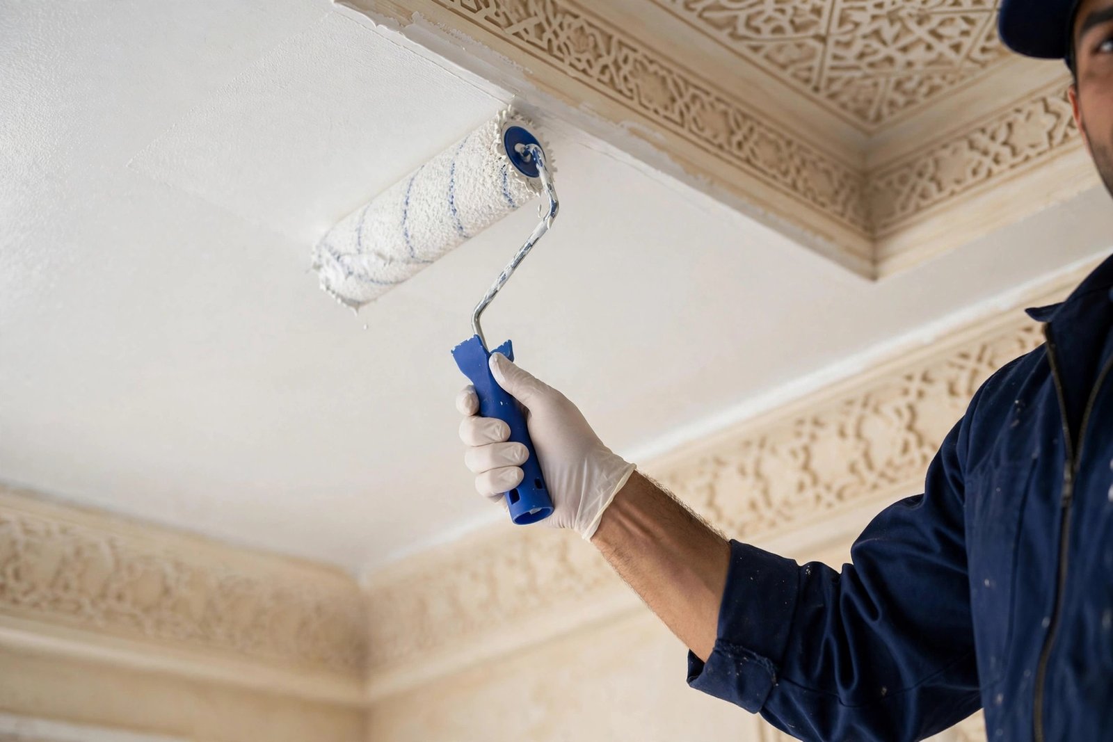Close-up of a smooth streak-free ceiling finish achieved with professional ceiling painting techniques