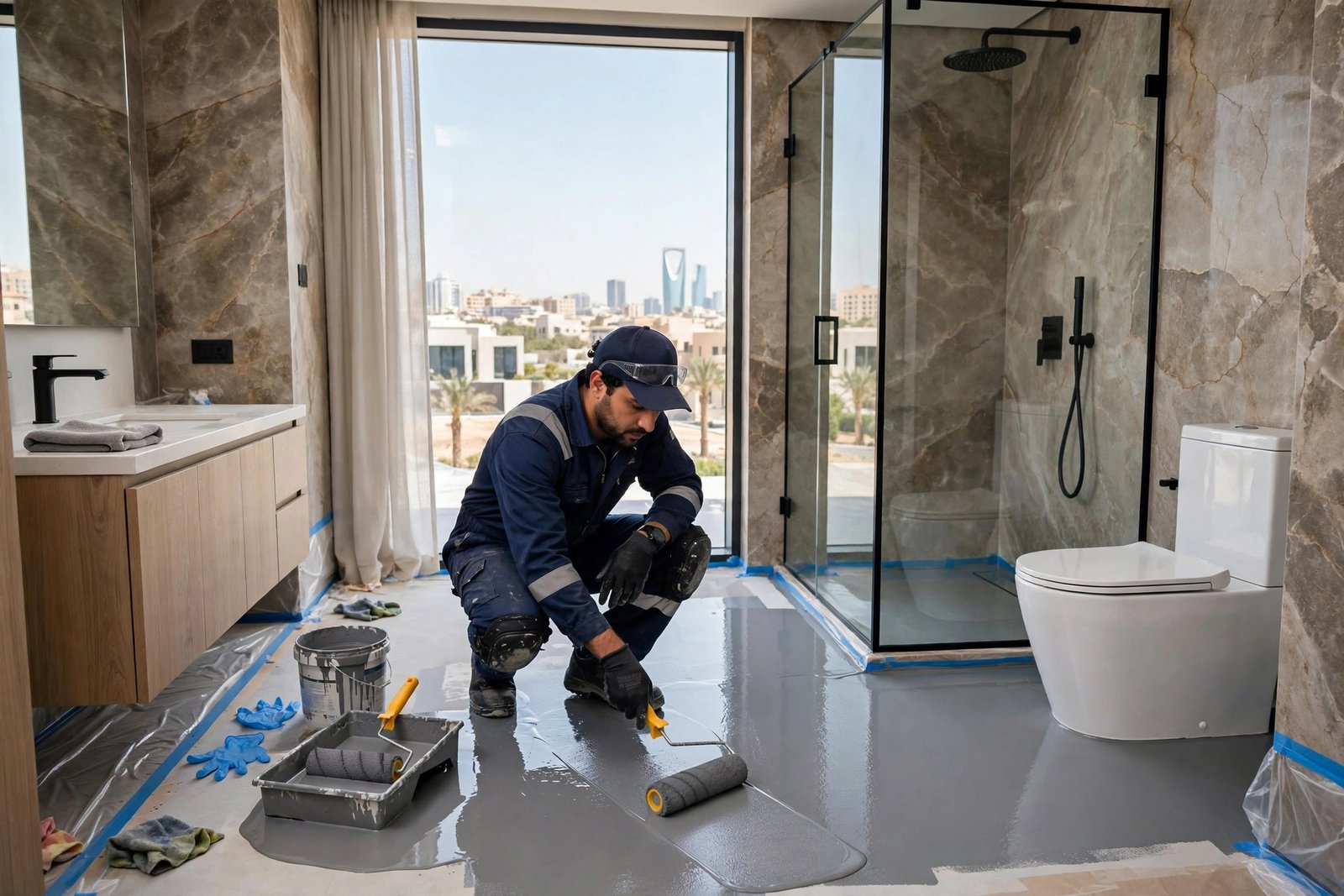 Worker applying liquid waterproofing coating in a Riyadh bathroom, waterproofing cost per square meter guide