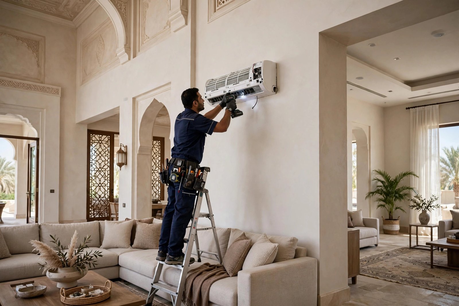 Split AC indoor unit mounted above the sofa in a villa living room, best ac placement villa rooms tips