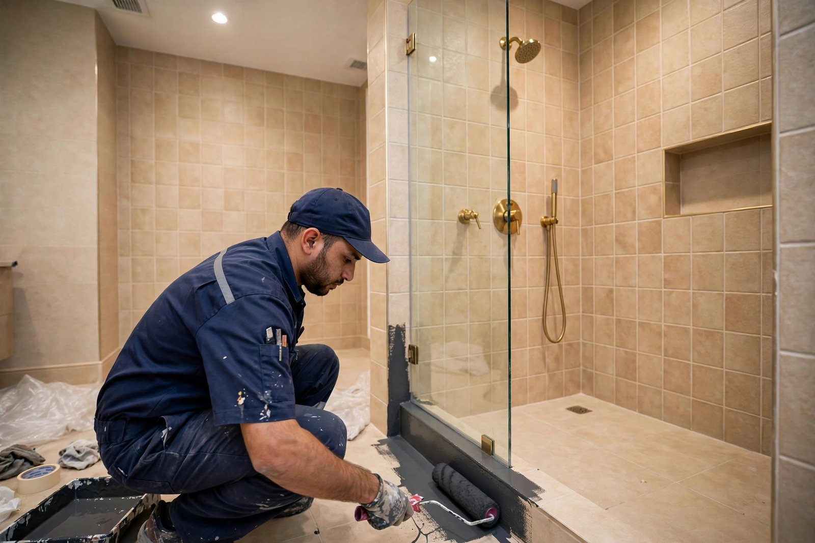 Applying the best waterproofing paint riyadh bathrooms trust around a shower area