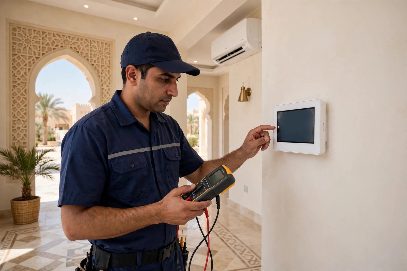 Technician checking a digital wall thermostat to diagnose split AC short cycling causes in a Riyadh villa