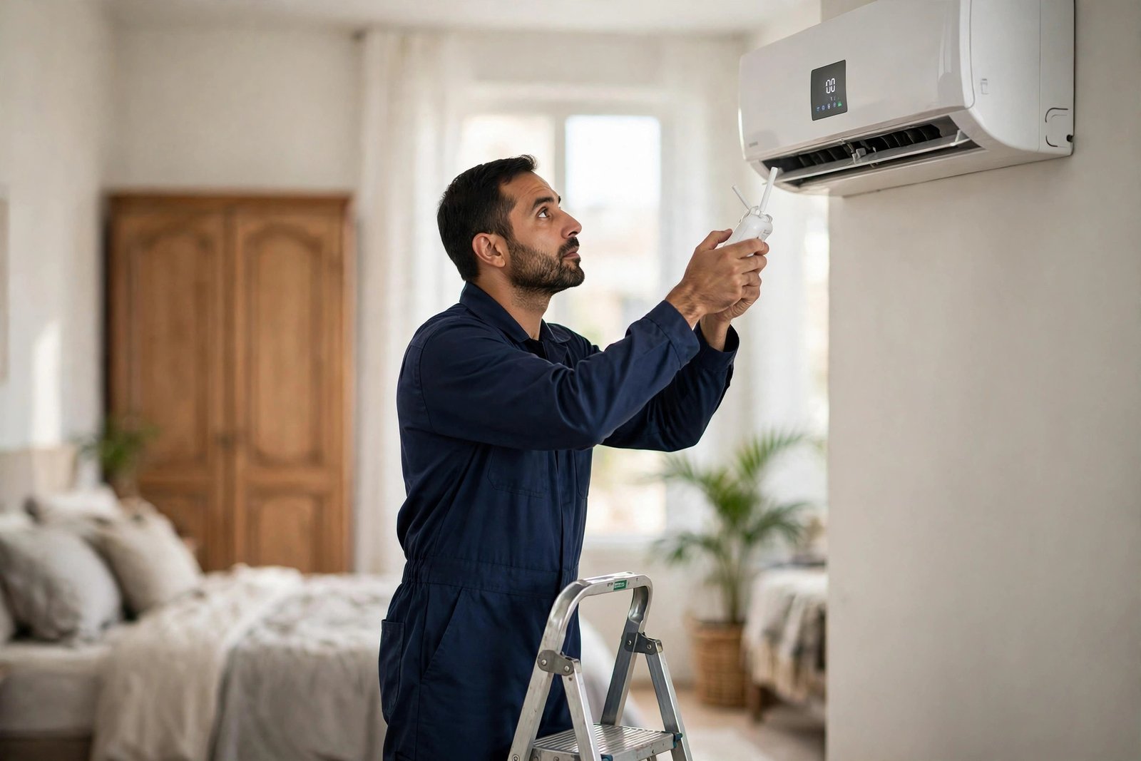 Daikin AC error codes guide: technician reading a fault code with the remote control in Riyadh
