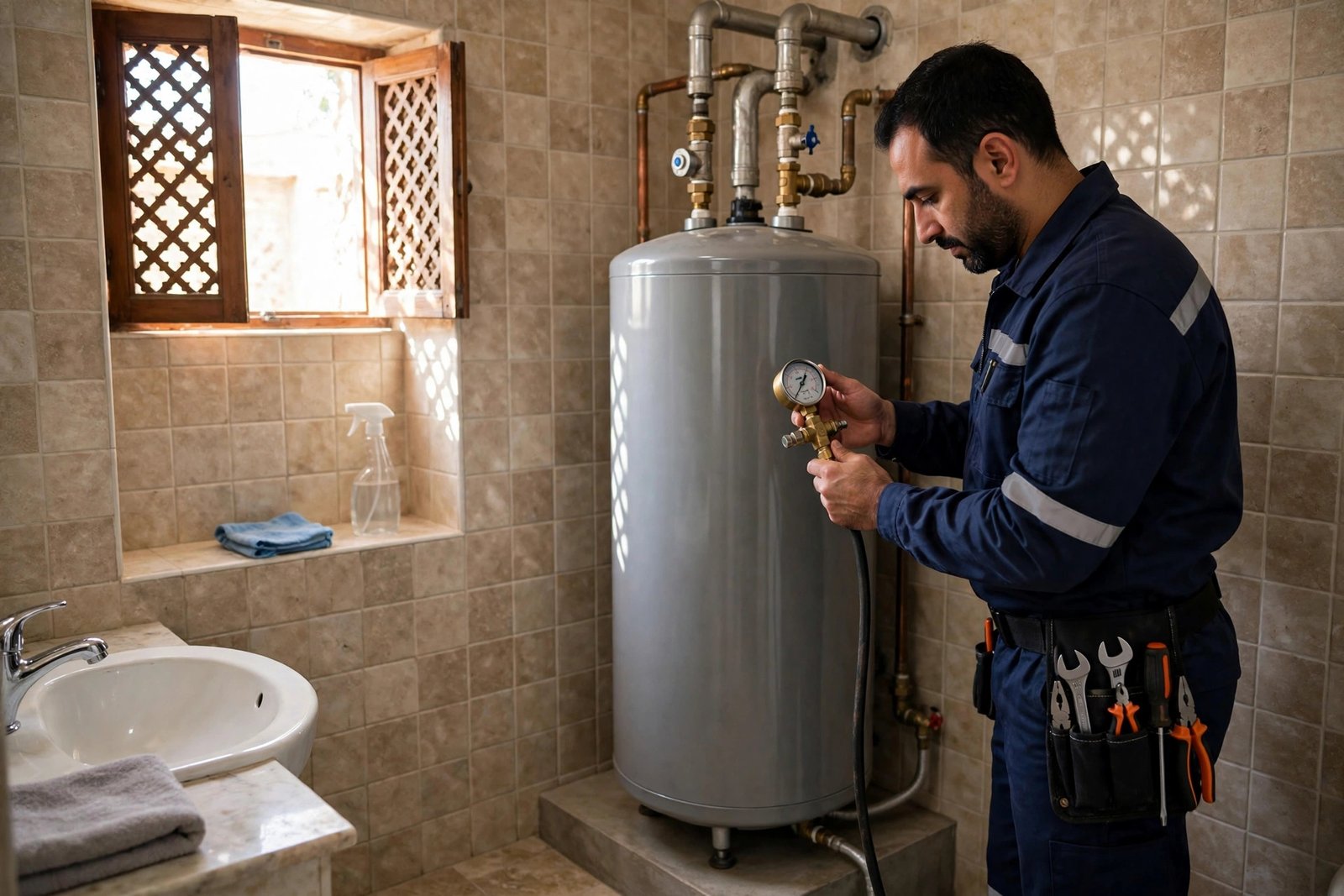 Plumber servicing a sakhana water heater in a Saudi home bathroom, tankless water heater vs sakhana comparison