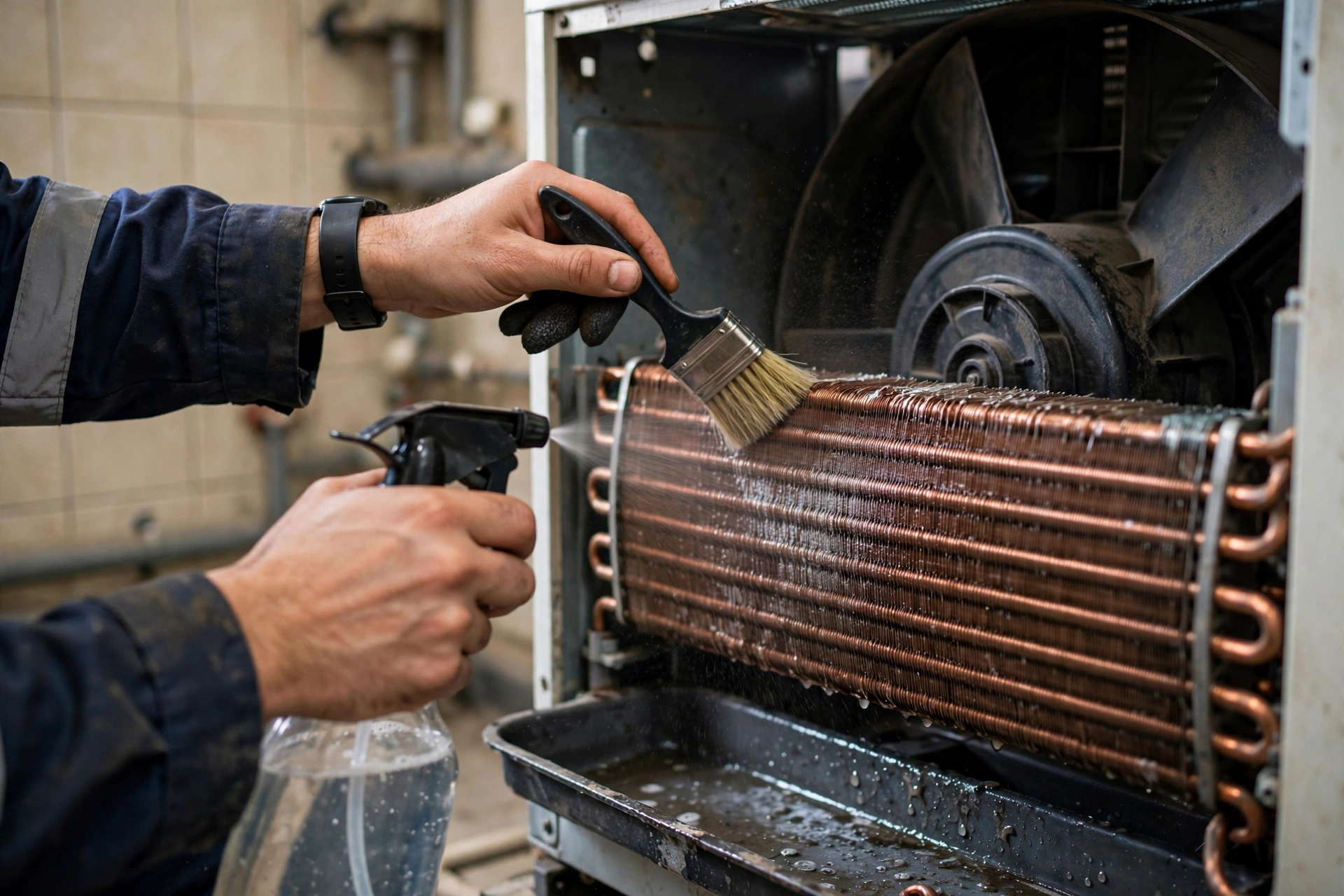 Technician cleaning FCU coils during fan coil unit service in Riyadh