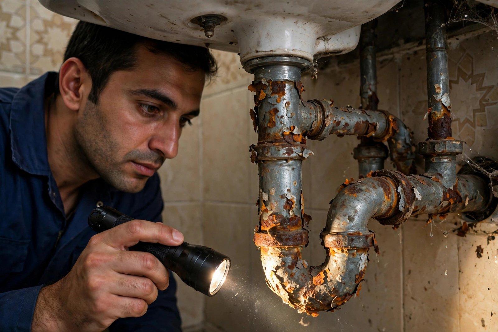 Corroded galvanized pipes, a leading rusty tap water cause, inspected by a SheelTalab plumber