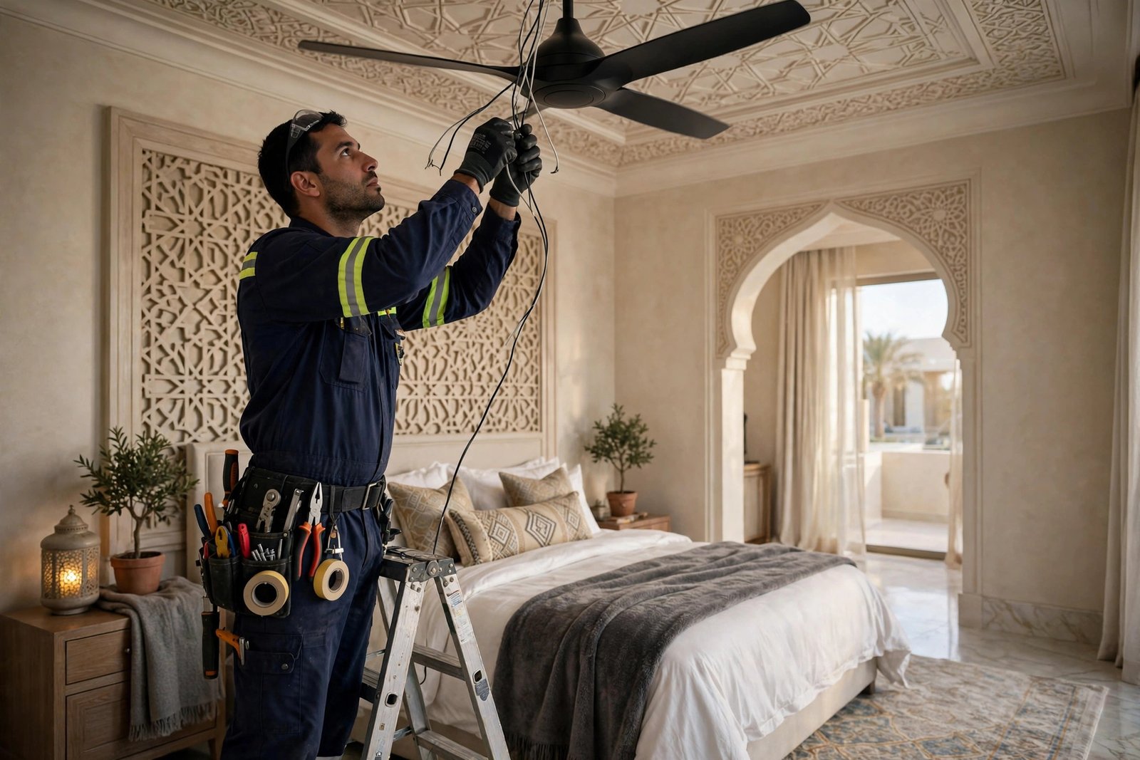 Ceiling fan installation in a Riyadh villa bedroom by a uniformed electrician