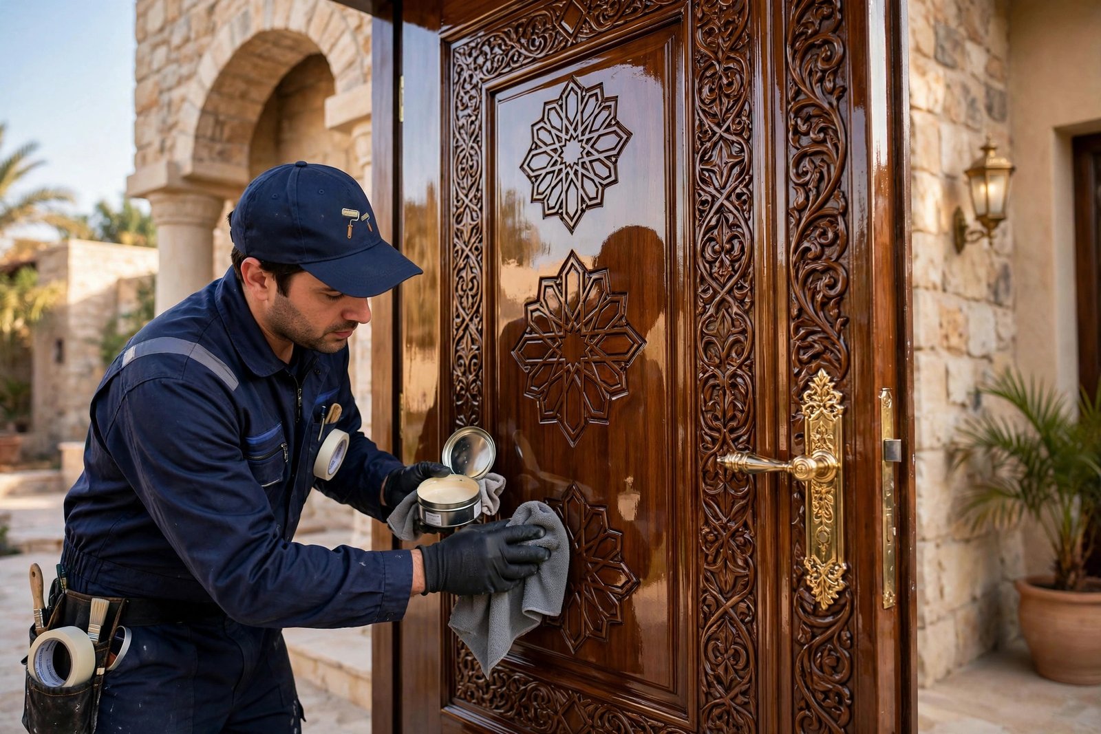 Professional applying high-gloss polish to a carved villa door, wooden door polishing Riyadh