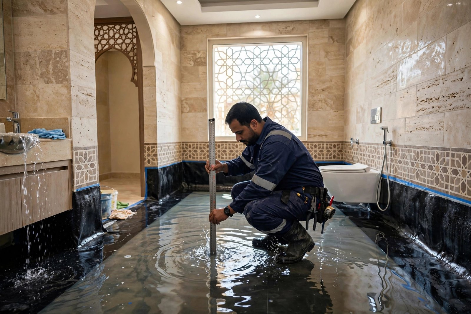 Technician measuring water depth during a waterproofing flood test in a Riyadh villa bathroom