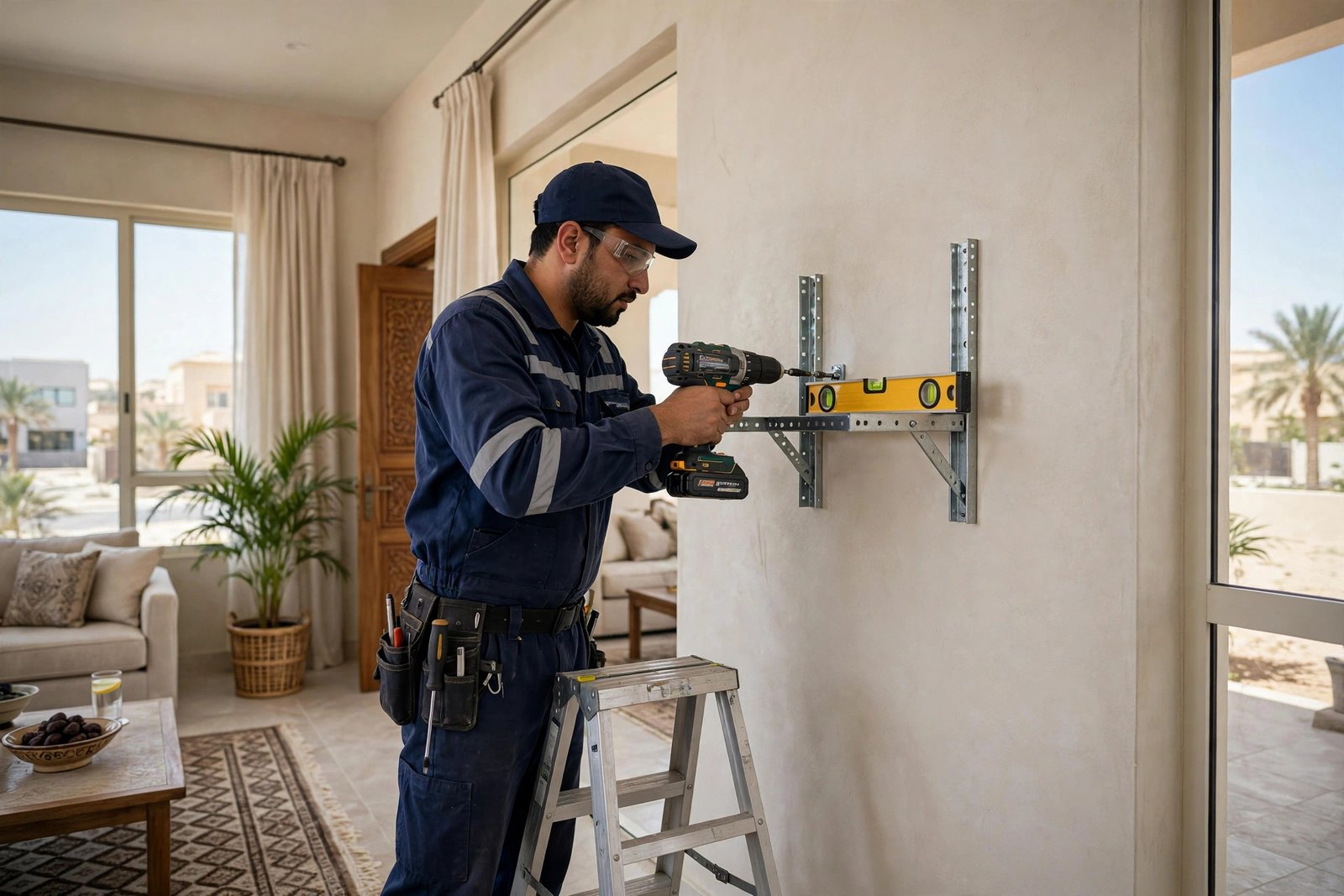 Stage 2 of the ac installation timeline stages: mounting the indoor unit bracket in a Riyadh home