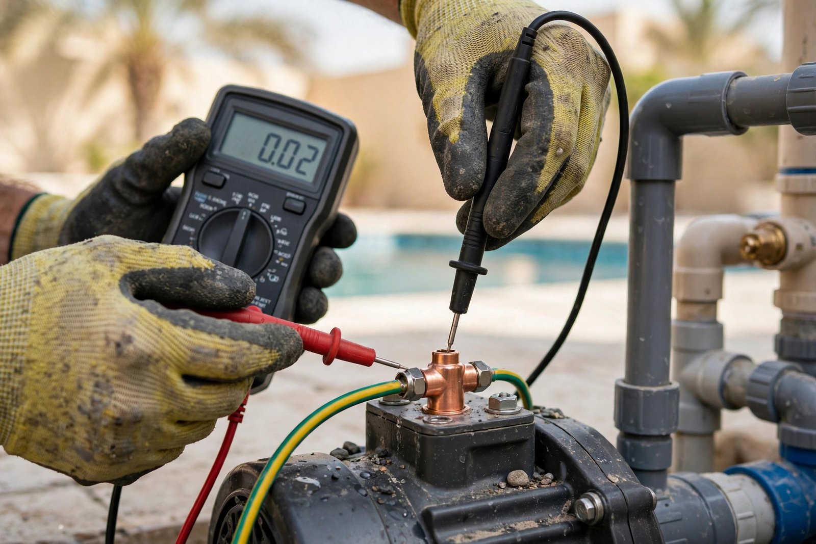 Pool pump wiring safety check: electrician testing grounding and bonding connections with a multimeter