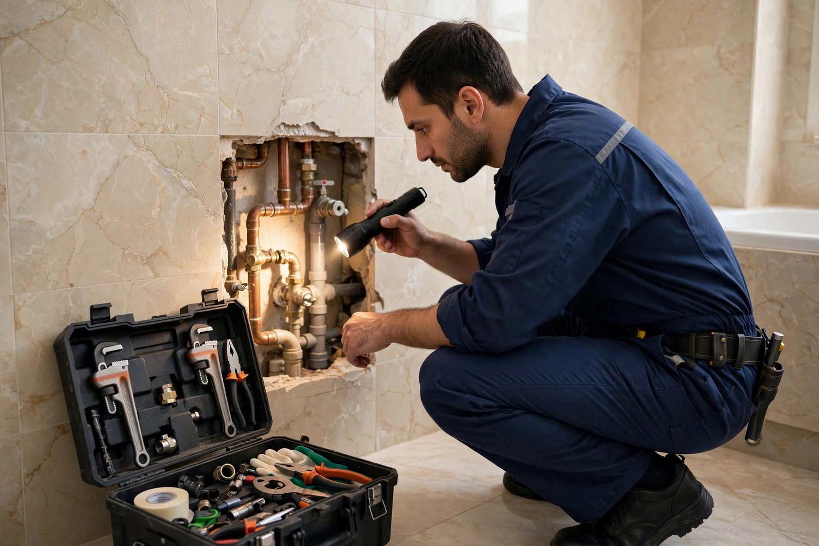 Plumber inspecting bathroom pipes during a plumbing quotes Riyadh comparison visit