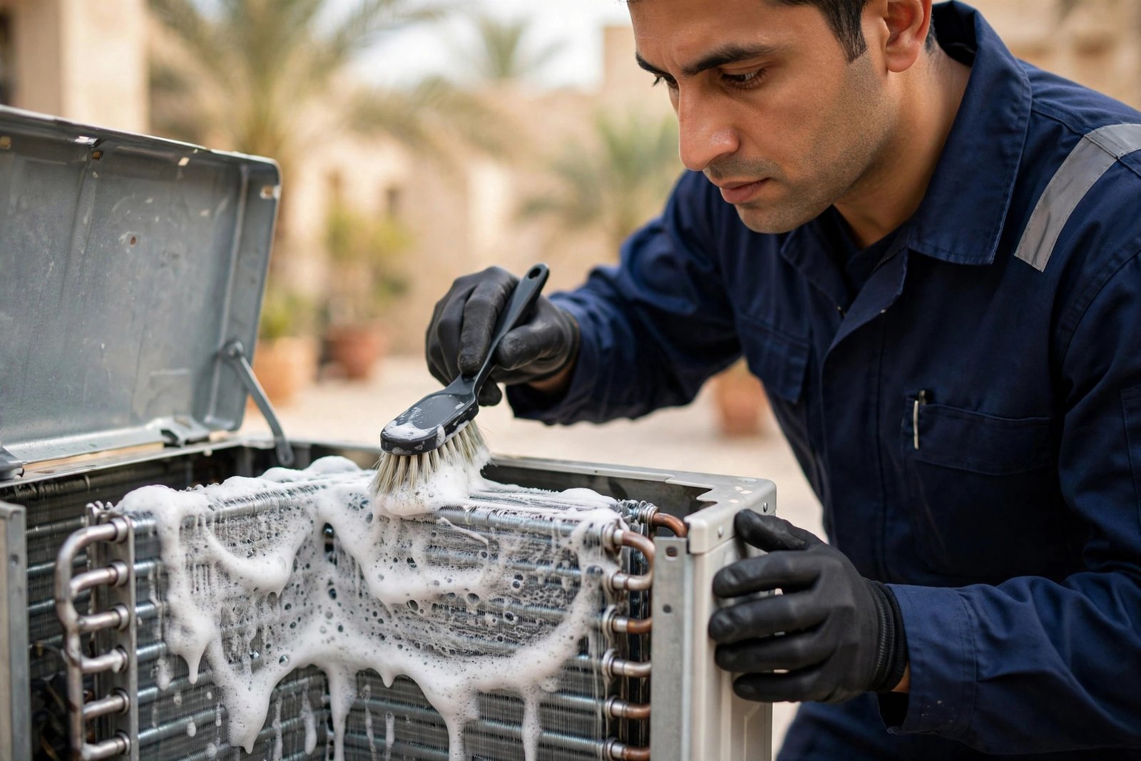 Cleaning split AC condenser coils, a key step for split ac lifespan riyadh