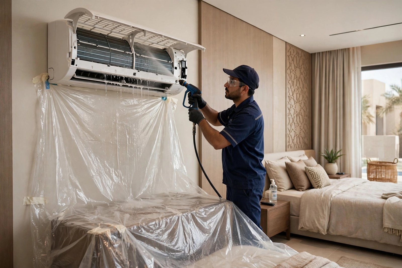 Gree AC Service Riyadh: technician washing indoor coil during deep chemical wash