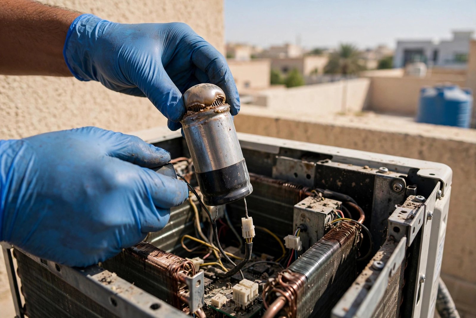 Close-up showing split ac capacitor replacement signs with a swollen capacitor in an outdoor unit