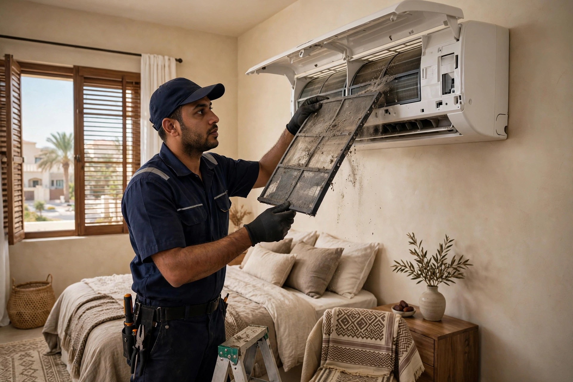 Dusty air filter removed from split AC freezing in Riyadh, causing ice buildup