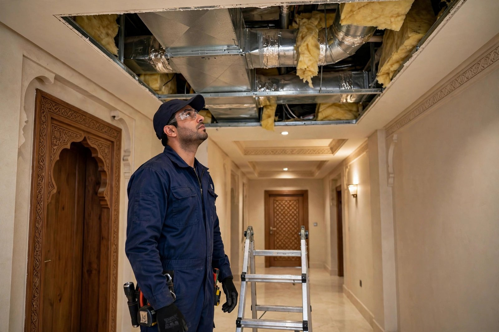 VRV vs split AC villa: technician inspecting ducted indoor units concealed in a Saudi villa ceiling